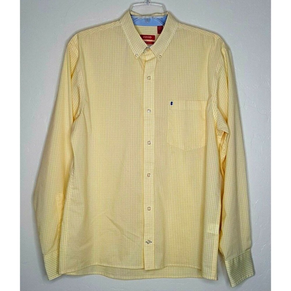 IZOD Mens Size Medium M Yellow White Check Long Sleeve Button Front Collar Shirt